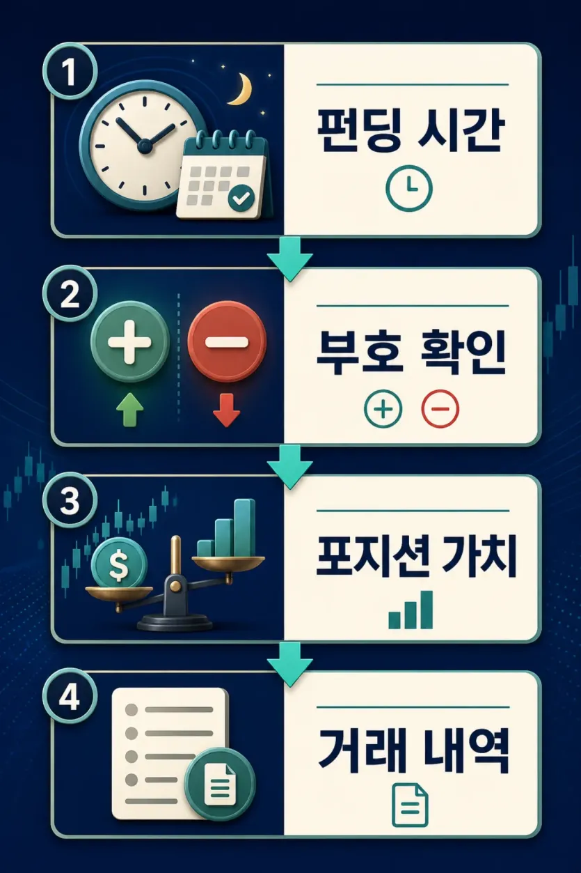 펀딩 시간, 부호 확인, 포지션 가치, 거래 내역 순서로 선물 펀딩비 잔고 변화를 확인하는 인포그래픽