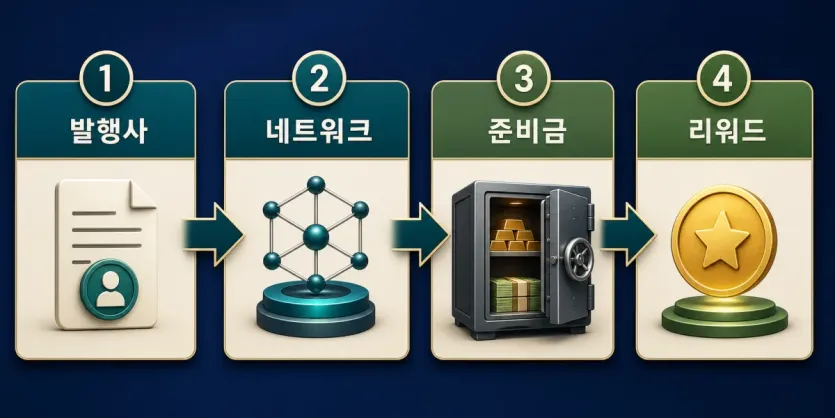 발행사, 네트워크, 준비금, 리워드 순서로 PYUSD를 확인하는 인포그래픽