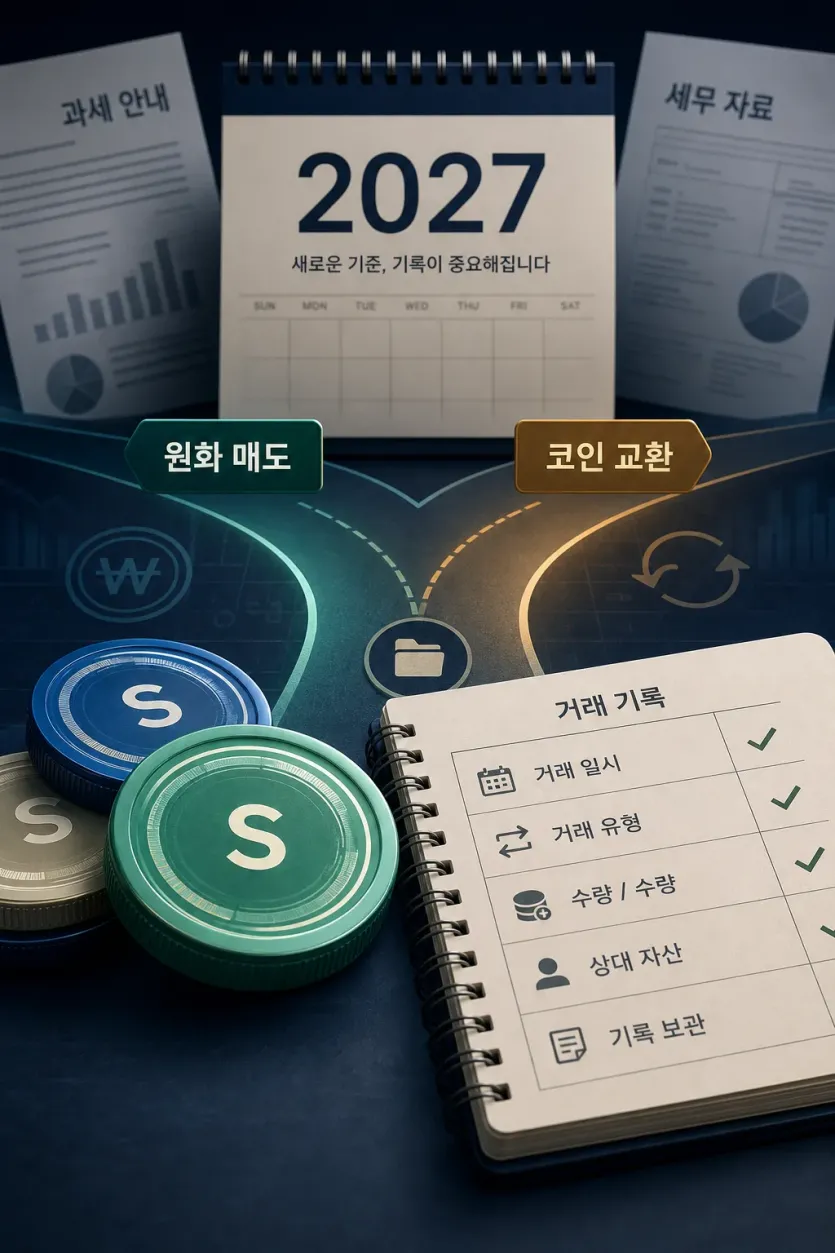 2027년 스테이블코인 세금 기록에서 원화 매도와 코인 교환을 나눠 보는 개념 이미지