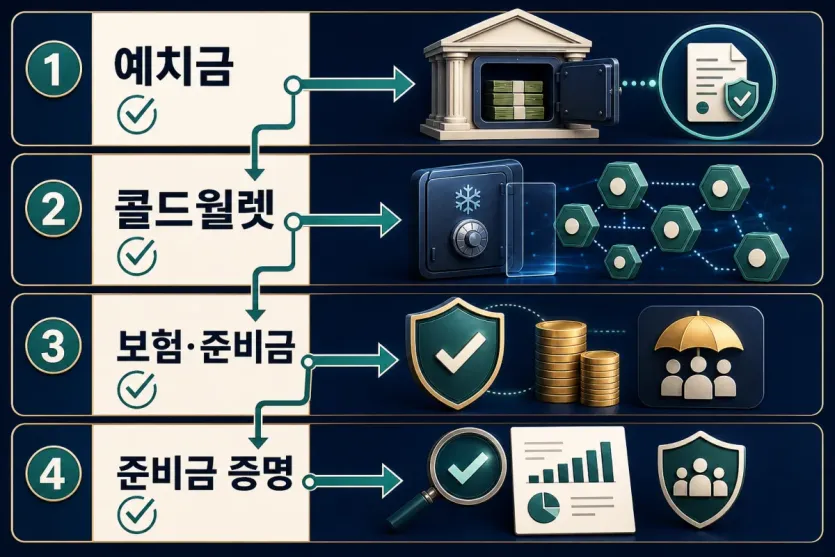 예치금 직접 지급, 콜드월렛 보관, 보험과 준비금, 준비금 증명을 서로 다른 보호 층으로 구분하는 인포그래픽