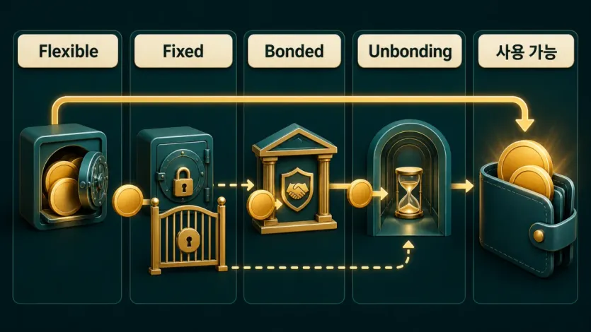 Flexible, Fixed, Bonded, Unbonding, 사용 가능 잔고로 나뉘는 언스테이킹 상태 흐름 인포그래픽