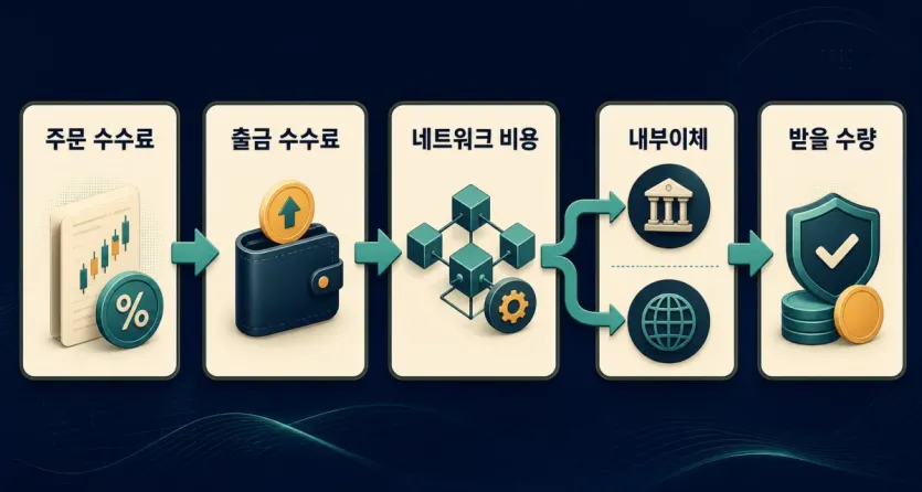 코인 출금 수수료가 주문 수수료, 네트워크 비용, 내부이체, 받을 수량으로 나뉘는 흐름을 보여주는 인포그래픽
