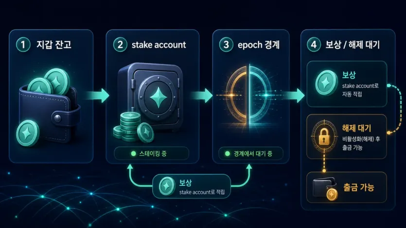 솔라나 스테이킹에서 지갑 잔고와 stake account, epoch 경계, 보상과 해제 대기 흐름을 나눠 보는 인포그래픽