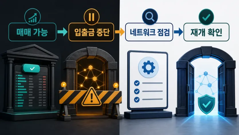 거래소 지갑 점검 때 매매 가능, 입출금 중단, 네트워크 점검, 재개 확인으로 나눠 보는 흐름 인포그래픽