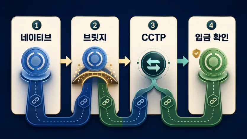 네이티브 USDC, 브릿지 USDC, CCTP, 입금 확인으로 나눠 보는 USDC 입금망 확인 흐름 인포그래픽