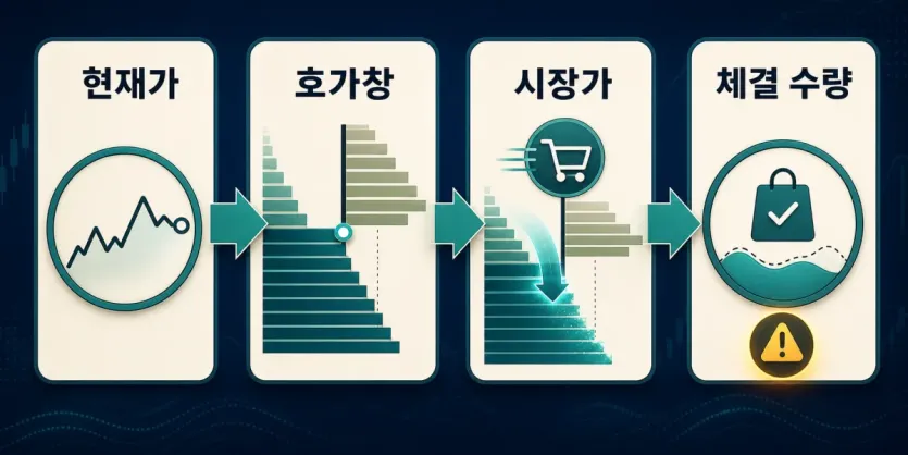 현재가, 호가창, 시장가, 체결 수량으로 이어지는 코인 슬리피지 확인 흐름 인포그래픽