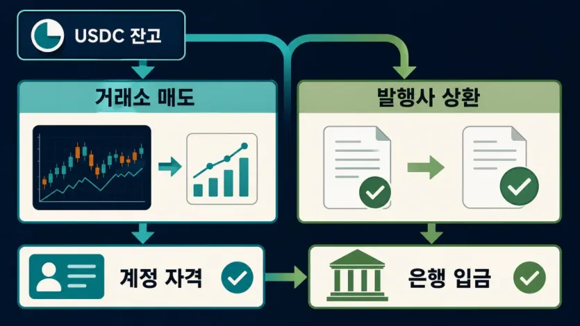 USDC 잔고가 거래소 매도와 발행사 상환으로 갈라지고 계정 자격과 은행 입금 확인으로 이어지는 흐름 인포그래픽