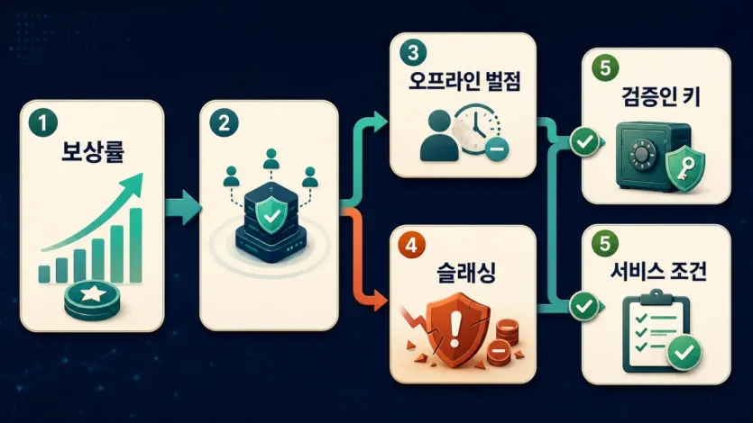 이더리움 스테이킹 보상률에서 오프라인 벌점과 슬래싱, 검증인 키와 서비스 조건으로 이어지는 위험 확인 흐름 인포그래픽