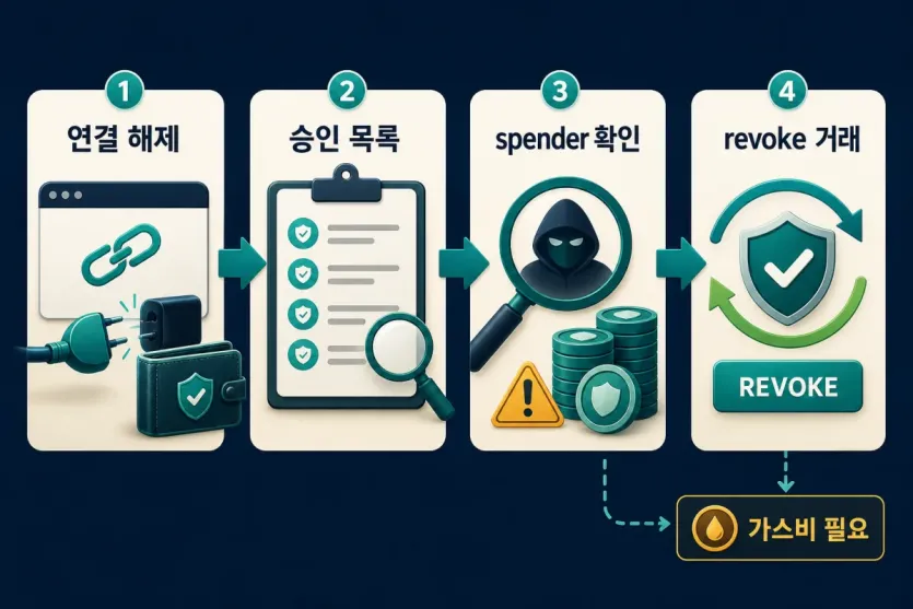 연결 해제 후 승인 목록과 spender를 확인하고 revoke 거래로 토큰 권한을 정리하는 흐름 인포그래픽