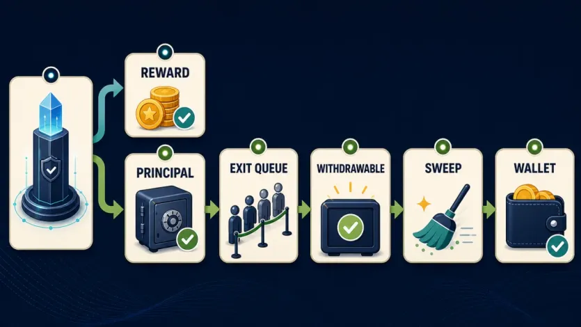 ETH 스테이킹 출금에서 보상 출금과 원금 출금이 갈라지고 exit queue, withdrawable, sweep, wallet 단계로 이어지는 흐름 인포그래픽
