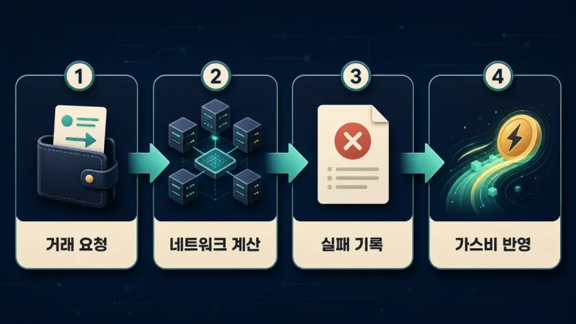 거래 요청, 네트워크 계산, 실패 기록, 가스비 반영으로 이어지는 실패 거래 가스비 흐름 인포그래픽