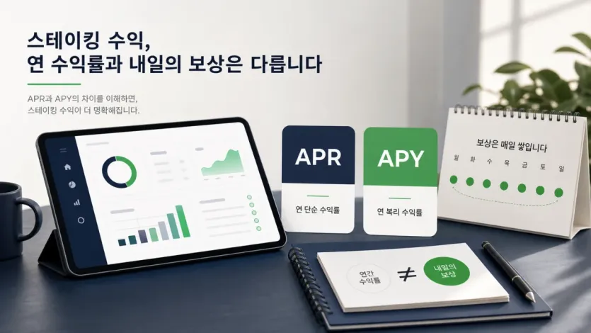 스테이킹 연 수익률과 내일 보상이 다르다는 점을 보여 주는 APR APY 비교 이미지