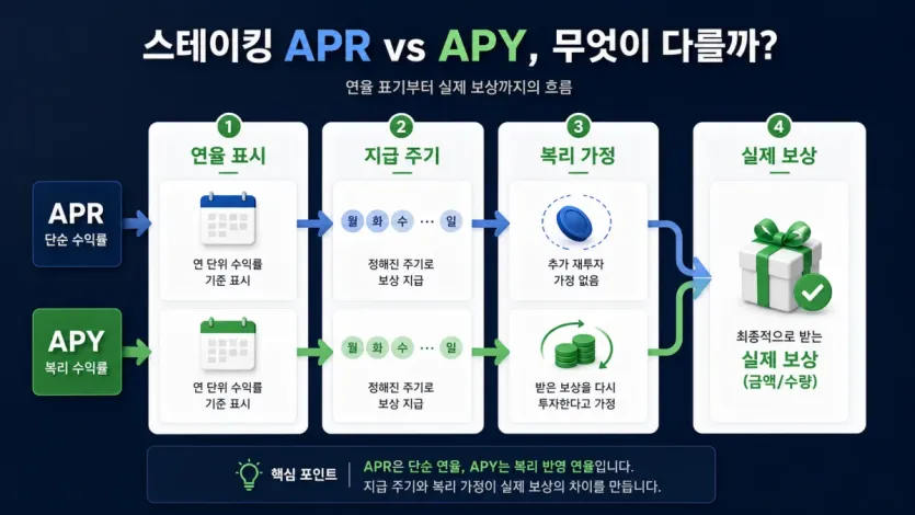 APR과 APY가 연율 표시, 지급 주기, 복리 가정, 실제 보상으로 갈라지는 흐름도