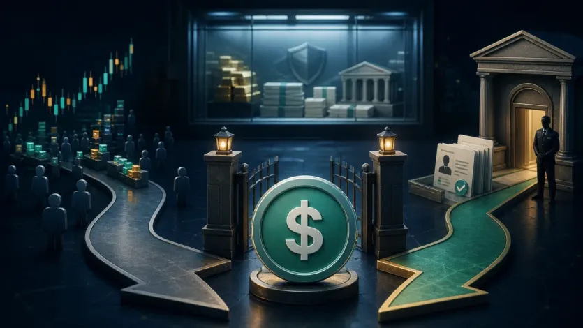 USDT 잔고가 거래소 매도 경로와 발행사 직접 상환 경로로 갈라지는 개념 이미지