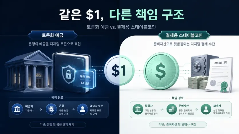 예금토큰과 결제용 스테이블코인이 같은 1달러처럼 보여도 책임 구조가 다름을 보여 주는 비교 이미지