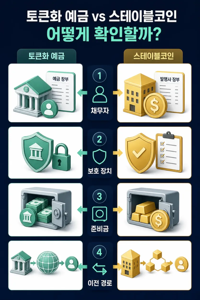 채무자, 보호 장치, 준비금, 이전 경로로 예금토큰과 스테이블코인을 나눠 확인하는 인포그래픽