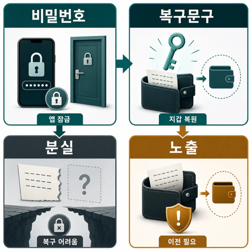 비밀번호와 복구문구, 분실과 노출의 차이를 네 칸으로 나눠 보여 주는 인포그래픽
