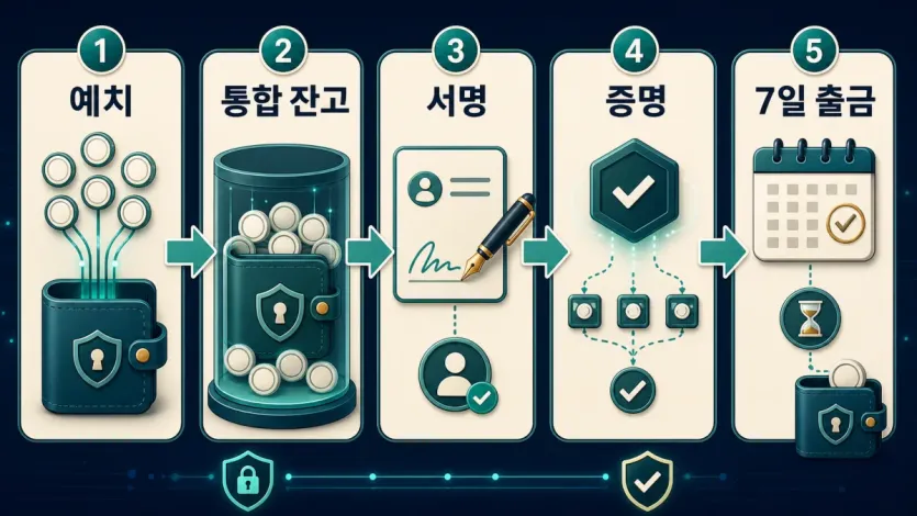Circle Gateway에서 예치, 통합 잔고, 서명, 증명, 7일 출금 조건을 순서대로 확인하는 인포그래픽