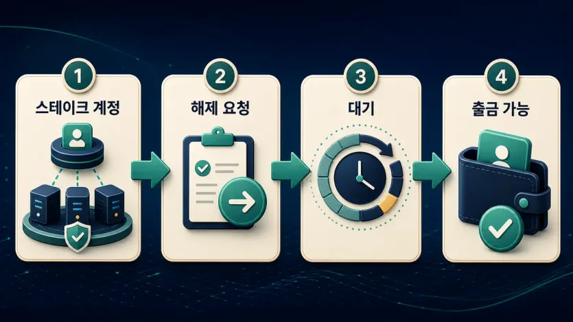 스테이크 계정에서 해제 요청, 대기, 출금 가능 단계로 이어지는 솔라나 스테이킹 해제 흐름 인포그래픽