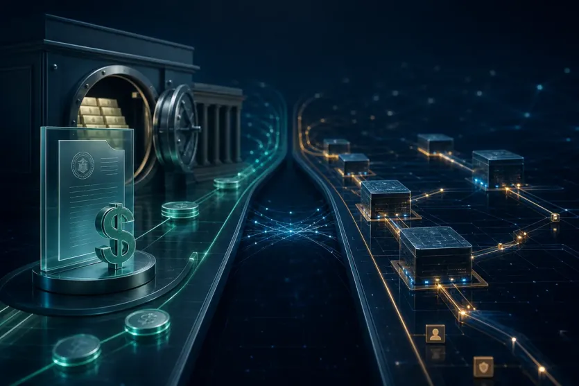 RLUSD의 달러 기준 역할과 XRP의 네이티브 원장 자산 역할을 두 경로로 나눠 보여주는 이미지