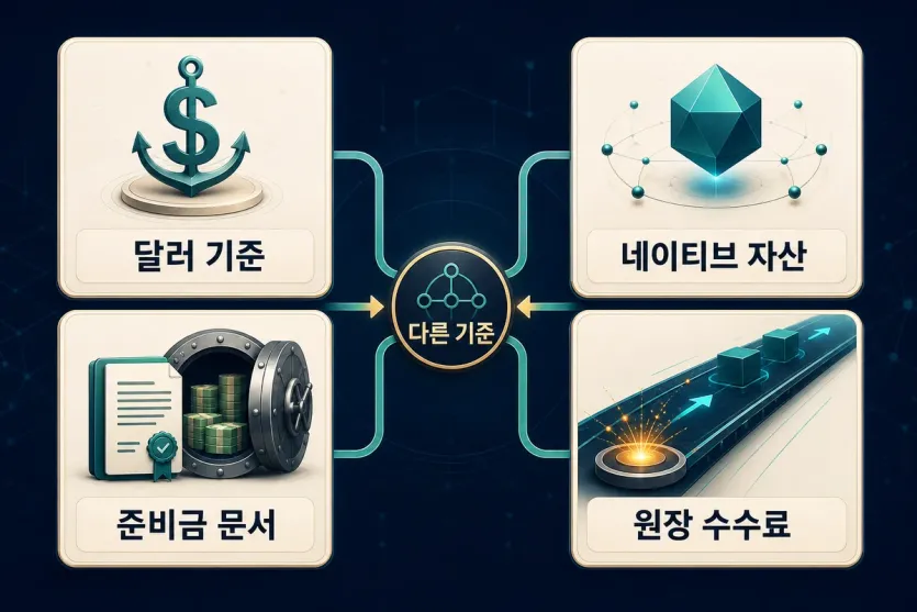 달러 기준, 준비금 문서, 네이티브 자산, 원장 수수료로 RLUSD와 XRP 역할을 구분하는 인포그래픽