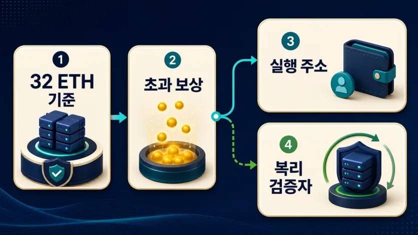 32 ETH 기준, 초과 보상, 실행 주소, 복리 검증자 흐름을 나눠 보여 주는 인포그래픽