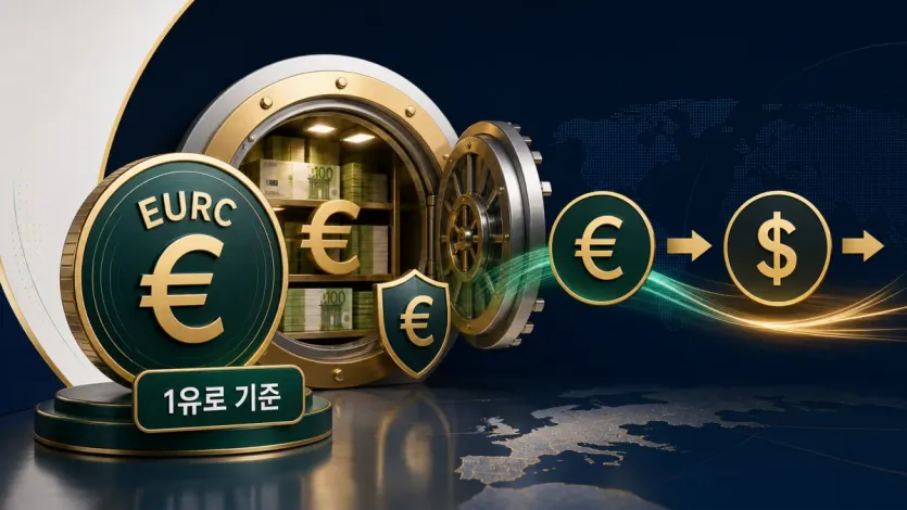 EURC가 1유로 기준으로 준비금과 달러 환산 경로를 갖는다는 점을 보여 주는 개념 이미지