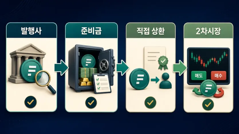 FDUSD를 발행사, 준비금, 직접 상환, 2차시장 기준으로 나눠 확인하는 인포그래픽