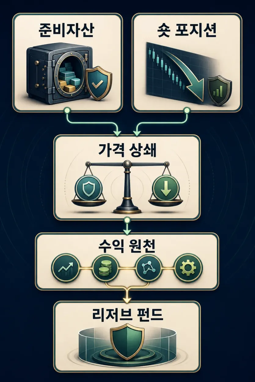 준비자산, 숏 포지션, 가격 상쇄, 수익 원천, 리저브 펀드로 이어지는 USDe 구조 흐름도