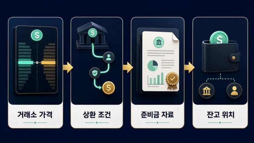 거래소 가격, 상환 조건, 준비금 자료, 잔고 위치를 나눠 보는 스테이블코인 가격 괴리 확인 흐름도