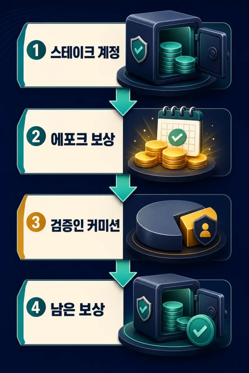 스테이크 계정, 에포크 보상, 검증인 커미션, 남은 보상이 이어지는 솔라나 스테이킹 보상 배분 인포그래픽