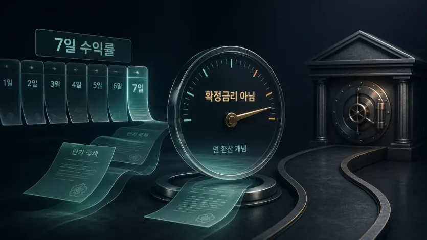 머니마켓펀드 7일 수익률이 확정 예금금리가 아니라 최근 소득을 연환산한 지표임을 보여 주는 개념 이미지