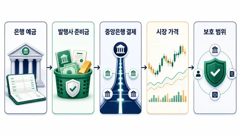 은행 예금, 발행사 준비금, 중앙은행 결제, 시장 가격, 보호 범위를 차례로 확인하는 구조형 이미지