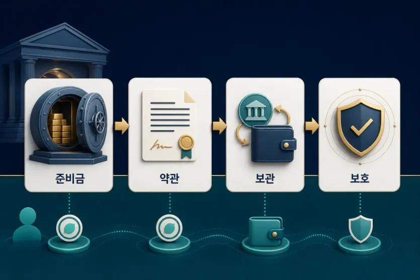 준비금, 약관, 보관, 보호 범위를 차례로 나누는 스테이블코인 보호 범위 인포그래픽