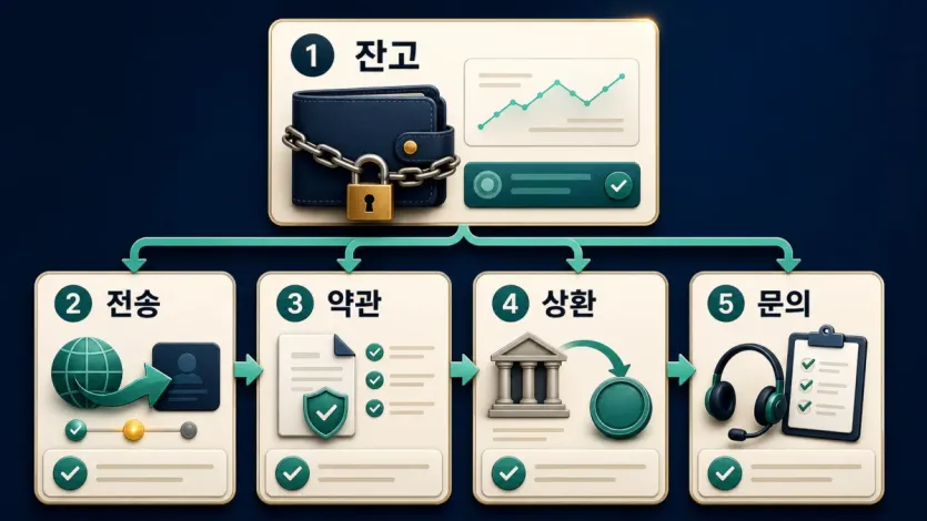 스테이블코인 주소 동결 상황에서 잔고, 전송, 약관, 상환, 문의를 나눠 확인하는 흐름 이미지