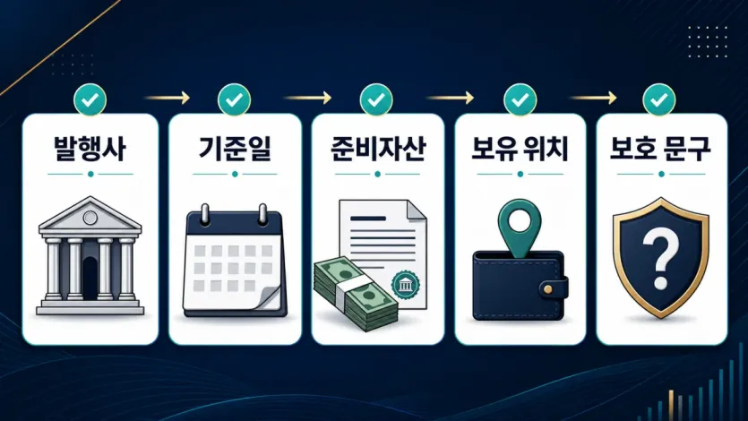 PYUSD 준비금 보고서를 발행사, 기준일, 준비자산, 보유 위치, 보호 문구로 나눠 확인하는 흐름도
