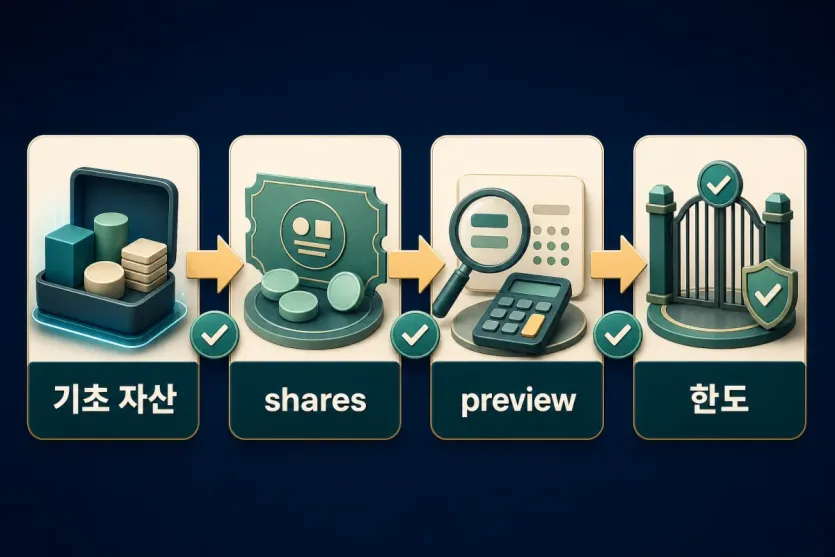 ERC-4626 금고를 볼 때 기초 자산, shares, preview, 한도 순서로 확인하는 흐름 인포그래픽