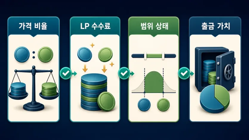 유동성 공급 전 가격 비율, LP 수수료, 범위 상태, 출금 가치를 순서대로 확인하는 구조 인포그래픽