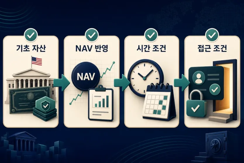 OUSG 수익률을 볼 때 기초 자산, NAV 반영, 시간 조건, 접근 조건을 순서대로 확인하는 구조 인포그래픽