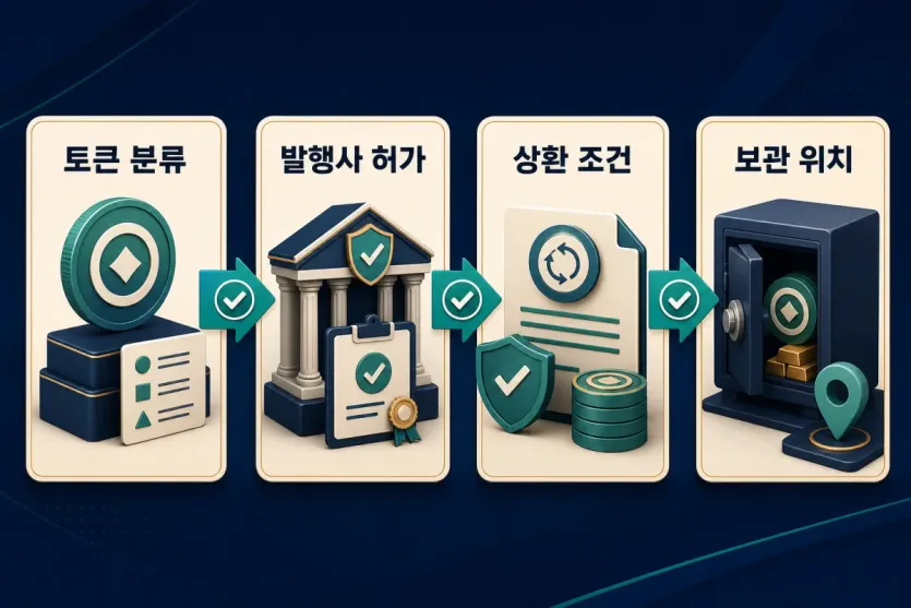 MiCA 스테이블코인을 볼 때 토큰 분류, 발행사 허가, 상환 조건, 보관 위치를 순서대로 확인하는 구조 인포그래픽