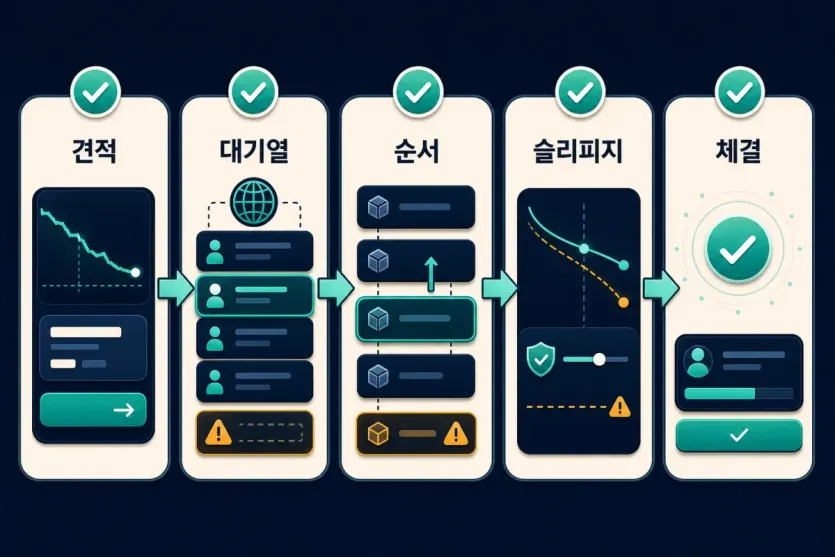 스왑 전 견적, 대기열, 순서, 슬리피지, 체결을 차례로 확인하는 MEV 리스크 인포그래픽