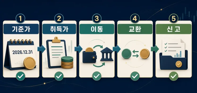 가상자산 과세 기록을 기준가, 취득가, 이동, 교환, 신고 순서로 확인하는 구조 인포그래픽