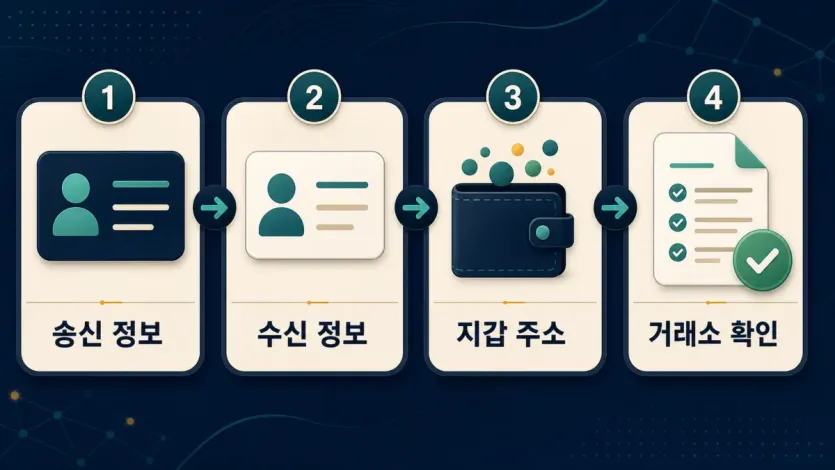 가상자산 트래블룰 입출금에서 송신 정보, 수신 정보, 지갑 주소, 거래소 확인이 이어지는 구조 인포그래픽