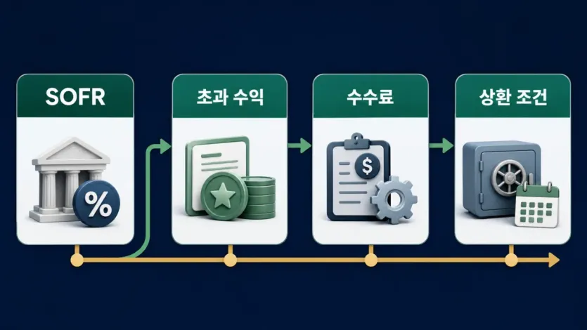 SOFR 기준선에서 초과 수익, 수수료, 상환 조건을 나눠 확인하는 구조 인포그래픽