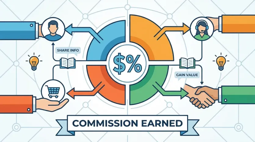 리퍼럴 마케팅 수익 공유 디지털 일러스트: 파이 차트, 추천 보상, 벡터 아트