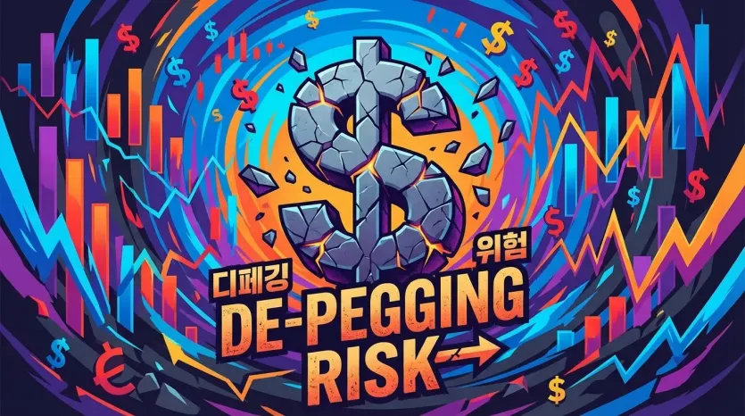 부서지는 달러, 디페깅 위험. 주식 차트 배경의 화려한 일러스트.