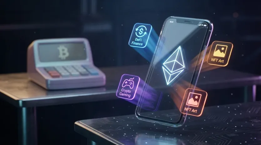 이더리움 폰, DeFi, NFT, 게임 3D 렌더링