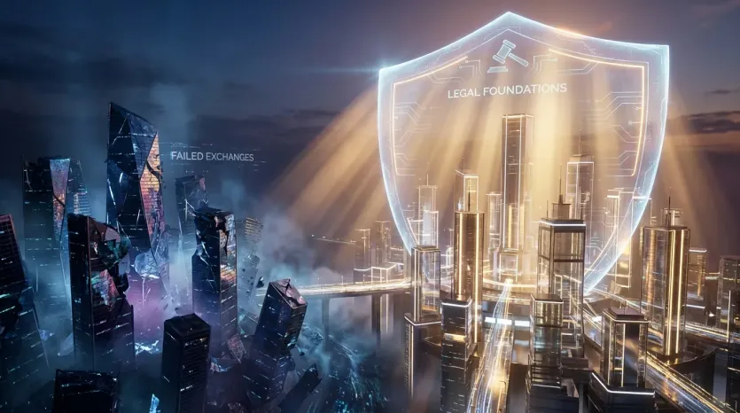 3D 렌더링: 무너진 도시와 법적 보호막. 클래리티 법안 관련.