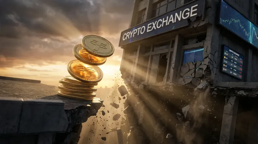 무너지는 암호화폐 거래소, 테더 코인 더미 3D 렌더링