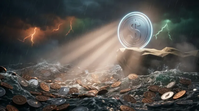 폭풍 속 달러 스테이블코인, 암호화폐 침몰 (3D 렌더링)